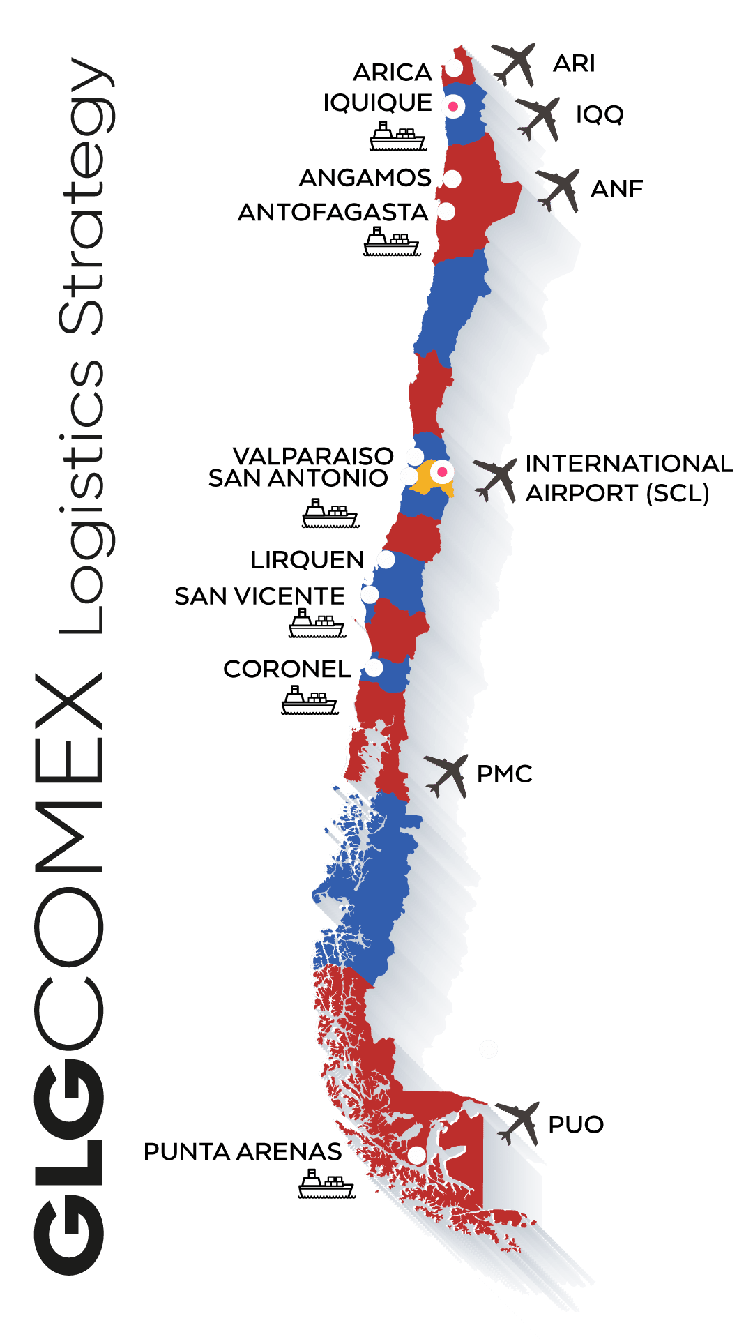 mapa de cobertura de puertos y aeropuertos para glg comex en chile